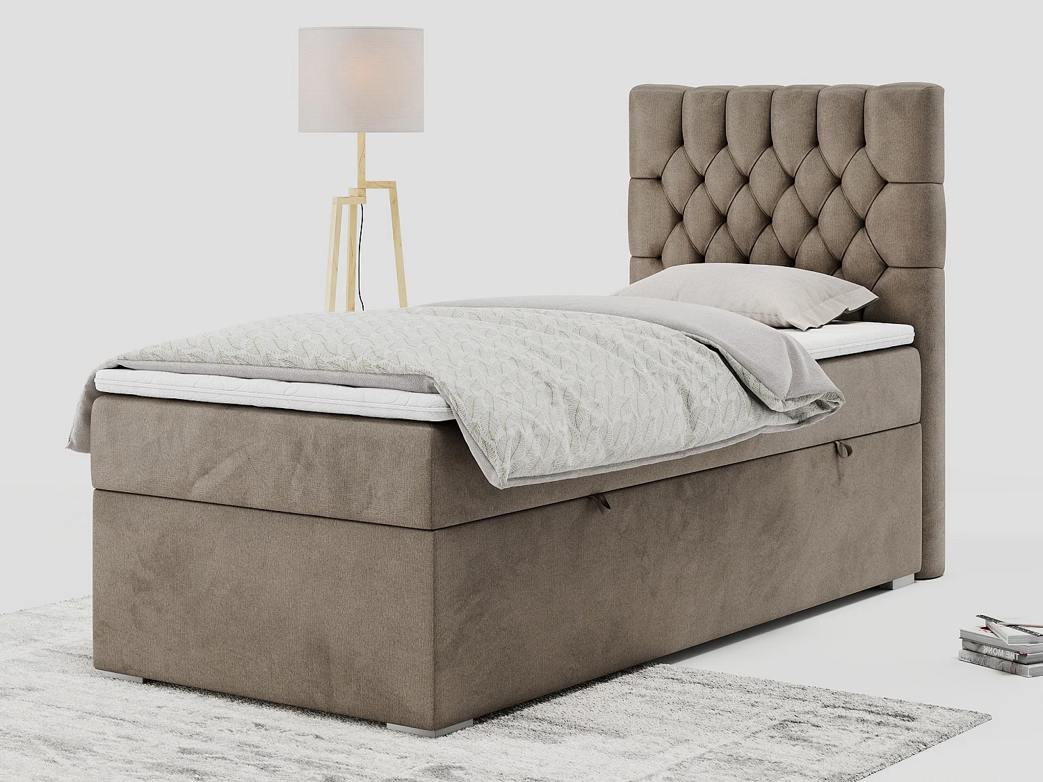 Boxspringbett PERA - Einzelbett mit Kopfstütze, Polsterbett, Multipocket-Matratze, genähtes Kopfteil - 90x200 cm - H3 - Braun Velvet - Rechts Seite