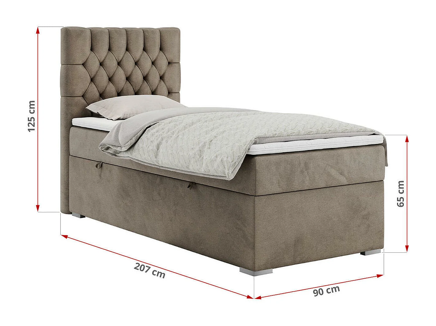 Boxspringbett PERA - Einzelbett mit Kopfstütze, Polsterbett, Multipocket-Matratze, genähtes Kopfteil - 90x200 cm - H3 - Braun Velvet - Rechts Seite