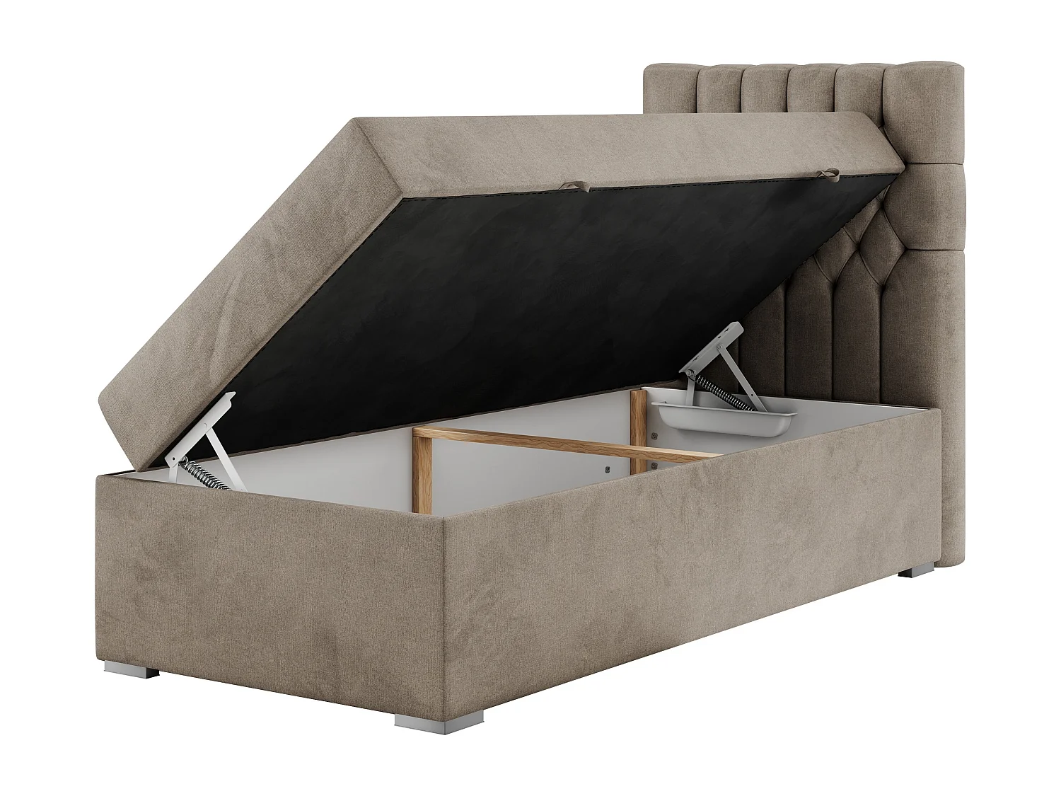 Boxspringbett PERA - Einzelbett mit Kopfstütze, Polsterbett, Multipocket-Matratze, genähtes Kopfteil - 90x200 cm - H3 - Braun Velvet - Rechts Seite