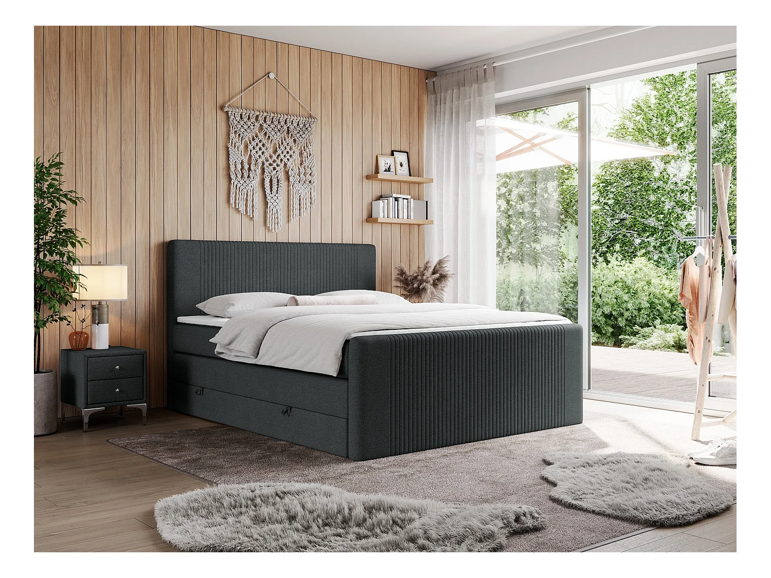 Boxspringbett DOREN KING - mit gesteppter Front und Kopfteil, zwei Multipocket-Matratzen und Topper, Doppelbett - 160x200 cm - H4 - Dunkelgrau Strukture