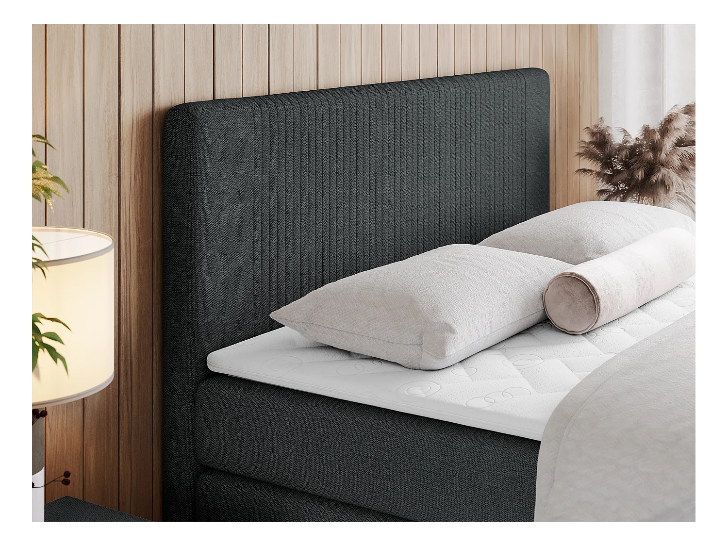 Boxspringbett DOREN KING - mit gesteppter Front und Kopfteil, zwei Multipocket-Matratzen und Topper, Doppelbett - 160x200 cm - H4 - Dunkelgrau Strukture