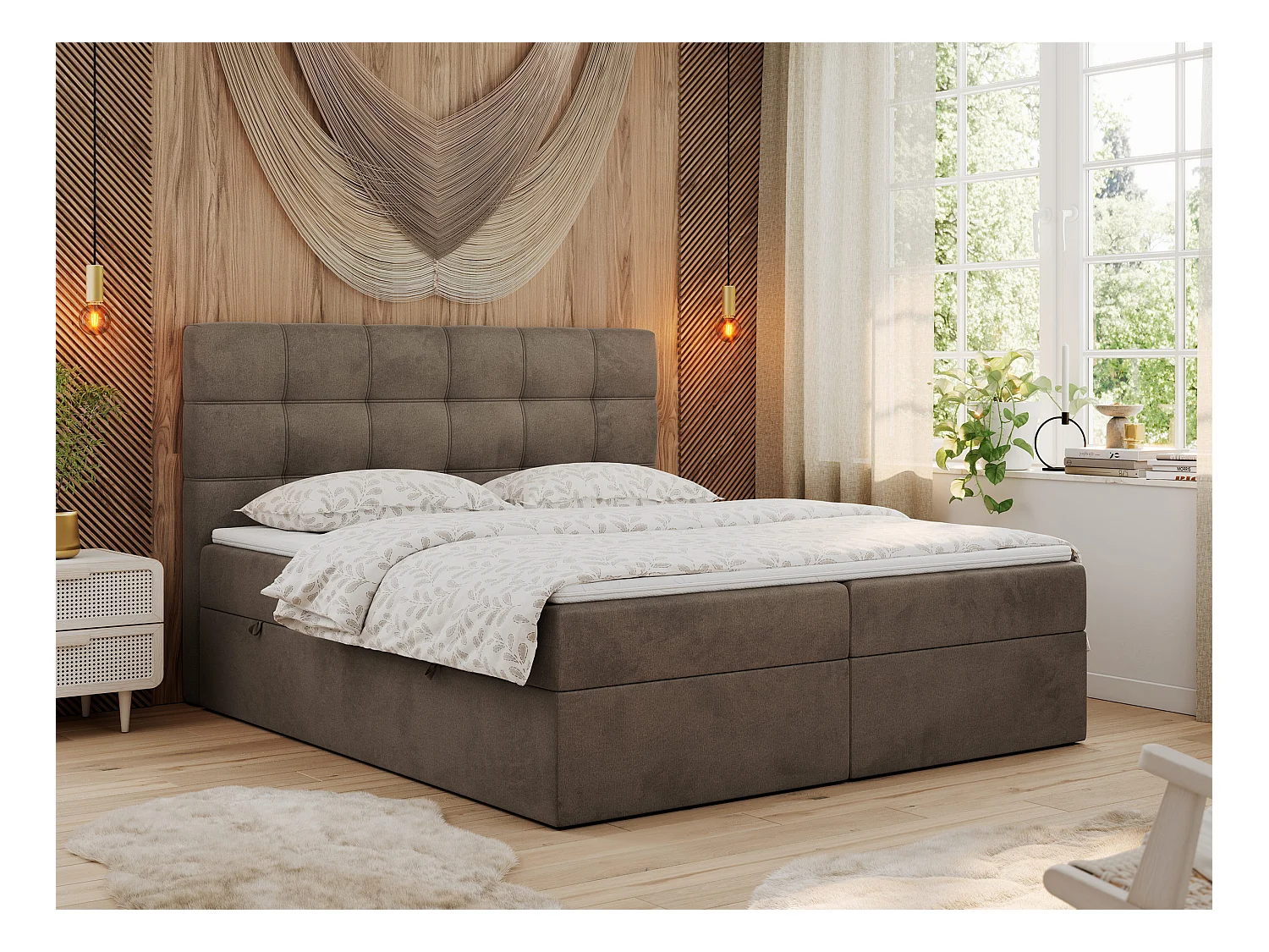 Boxspringbett ERNI - mit gestepptem Kopfteil, Polsterbett, Multipocket-Matratze und Topper, Bettkästen - 160x200 cm - H3 - Braun Velvet
