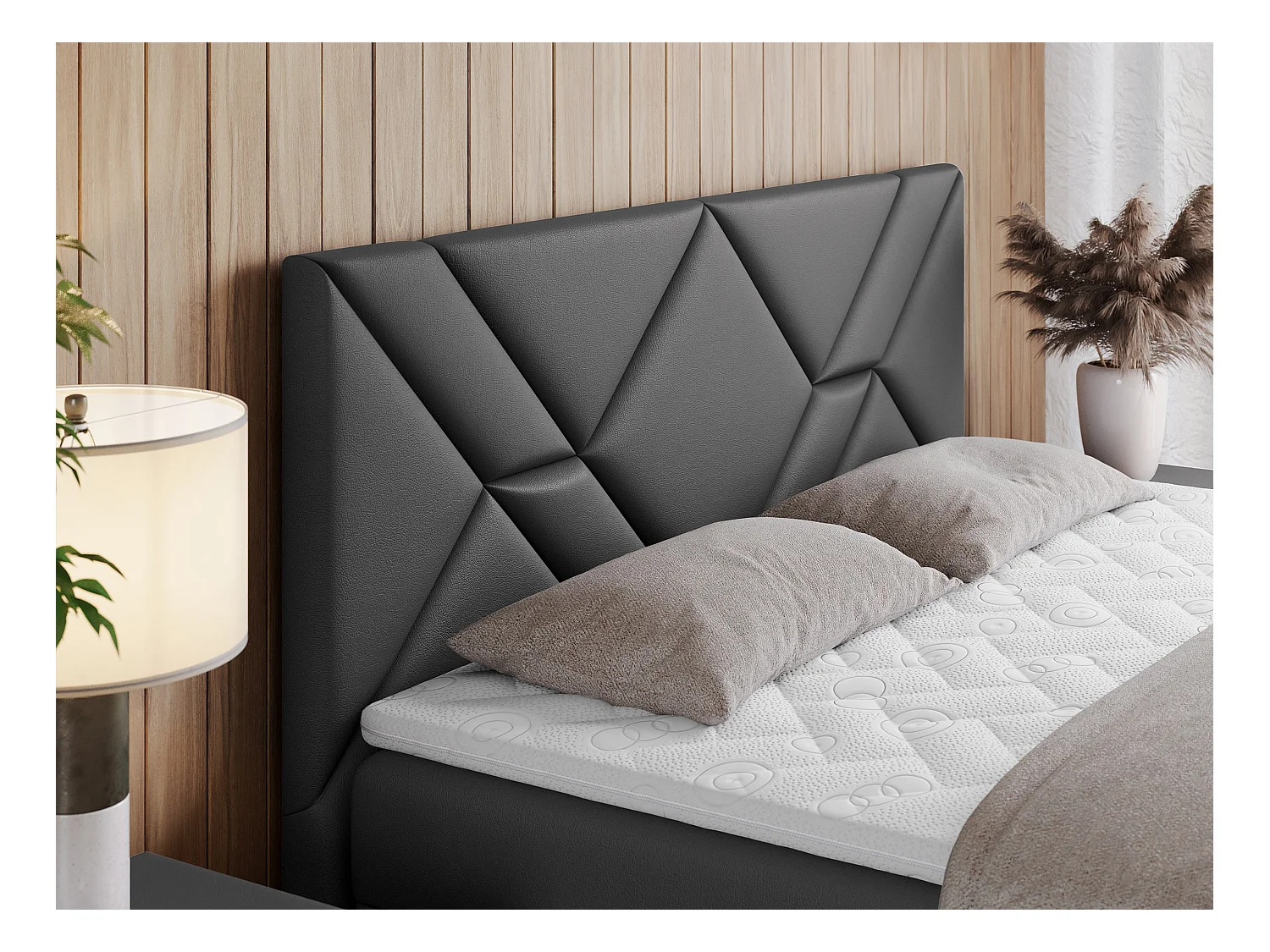 Boxspringbett NEOMI - dekorativem Kopfteil, Polsterbett mit Multipocket-Matratzen, zwei Bettkästen - 200x200 cm - H3 - Hellgrau Strukture