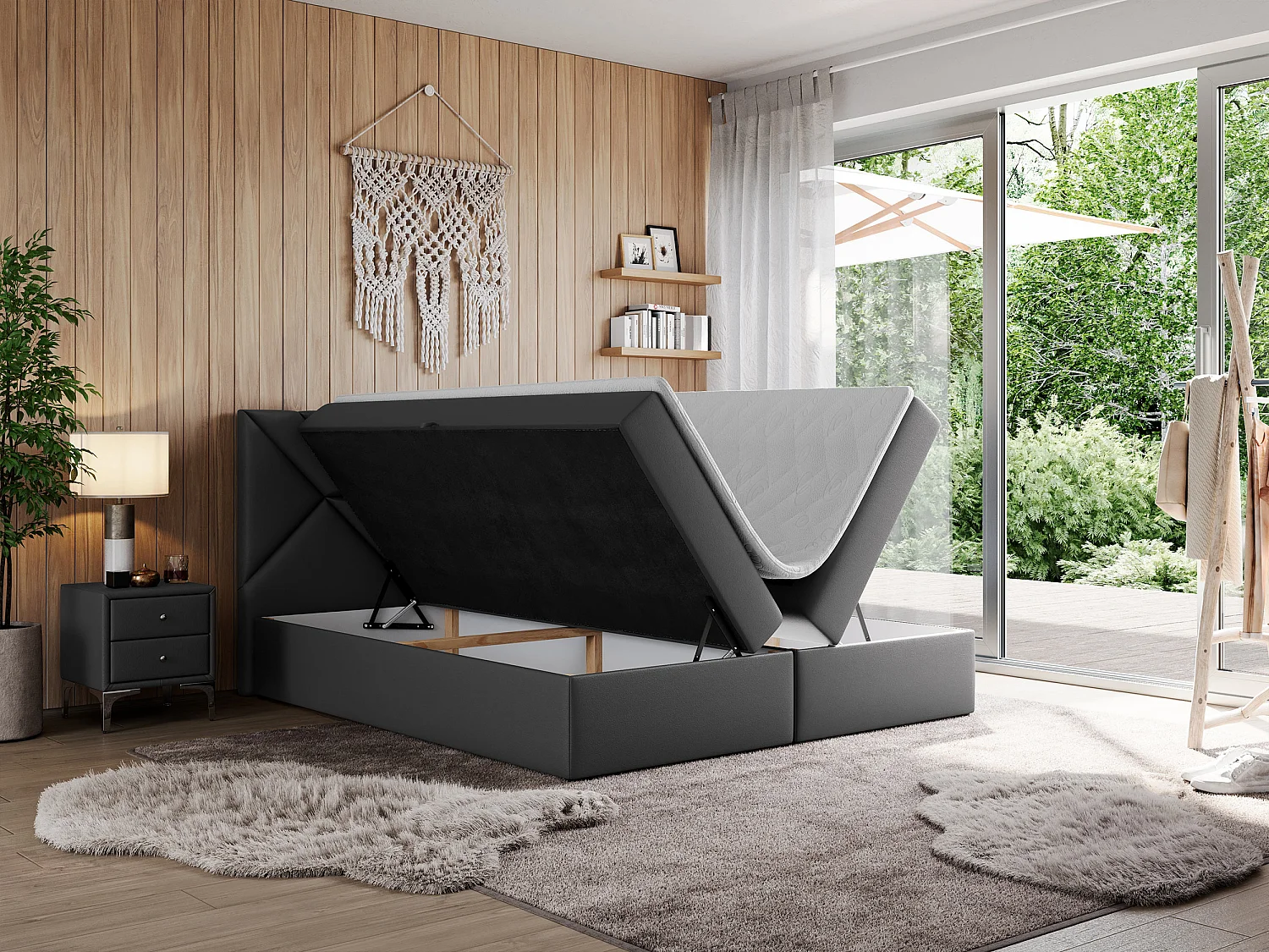 Boxspringbett NEOMI - dekorativem Kopfteil, Polsterbett mit Multipocket-Matratzen, zwei Bettkästen - 200x200 cm - H3 - Hellgrau Strukture