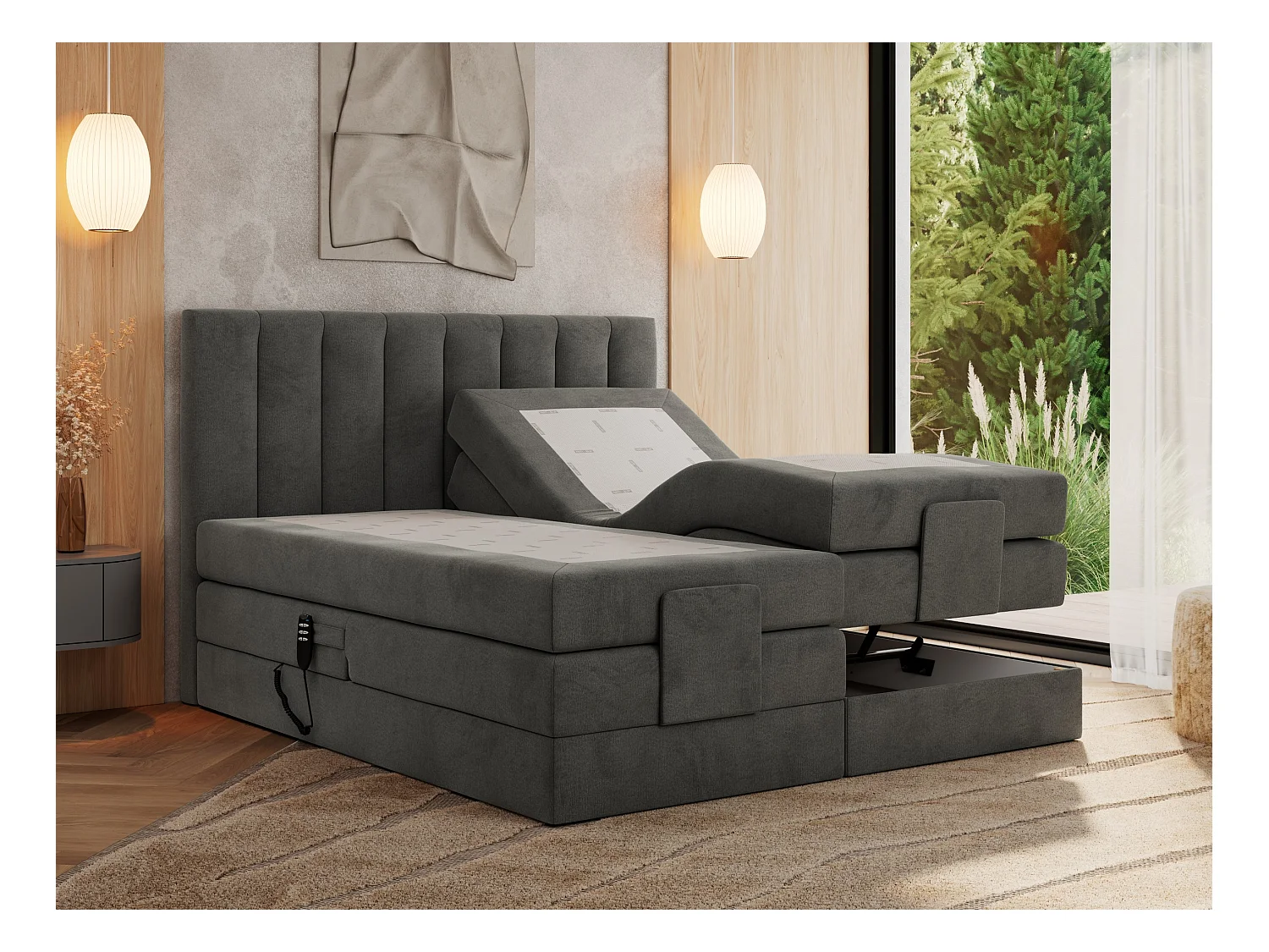 Boxspringbett COMFORTO - Doppelbett, Elektrisch verstellbare, Multipocket-Matratzen und Topper, genähtes Kopfteil - 140x200 cm - H3 - Dunkelgrau Velvet