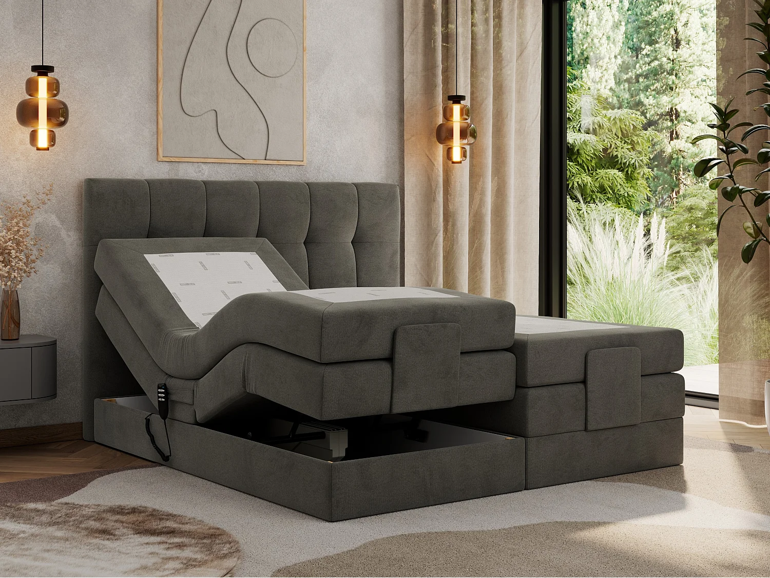 Boxspringbett VITTORIA - mit gestepptem Kopfteil, elektrischem Untergestell, Multipocket-Matratze - 200x200 cm - H4 - Dunkelgrau Velvet