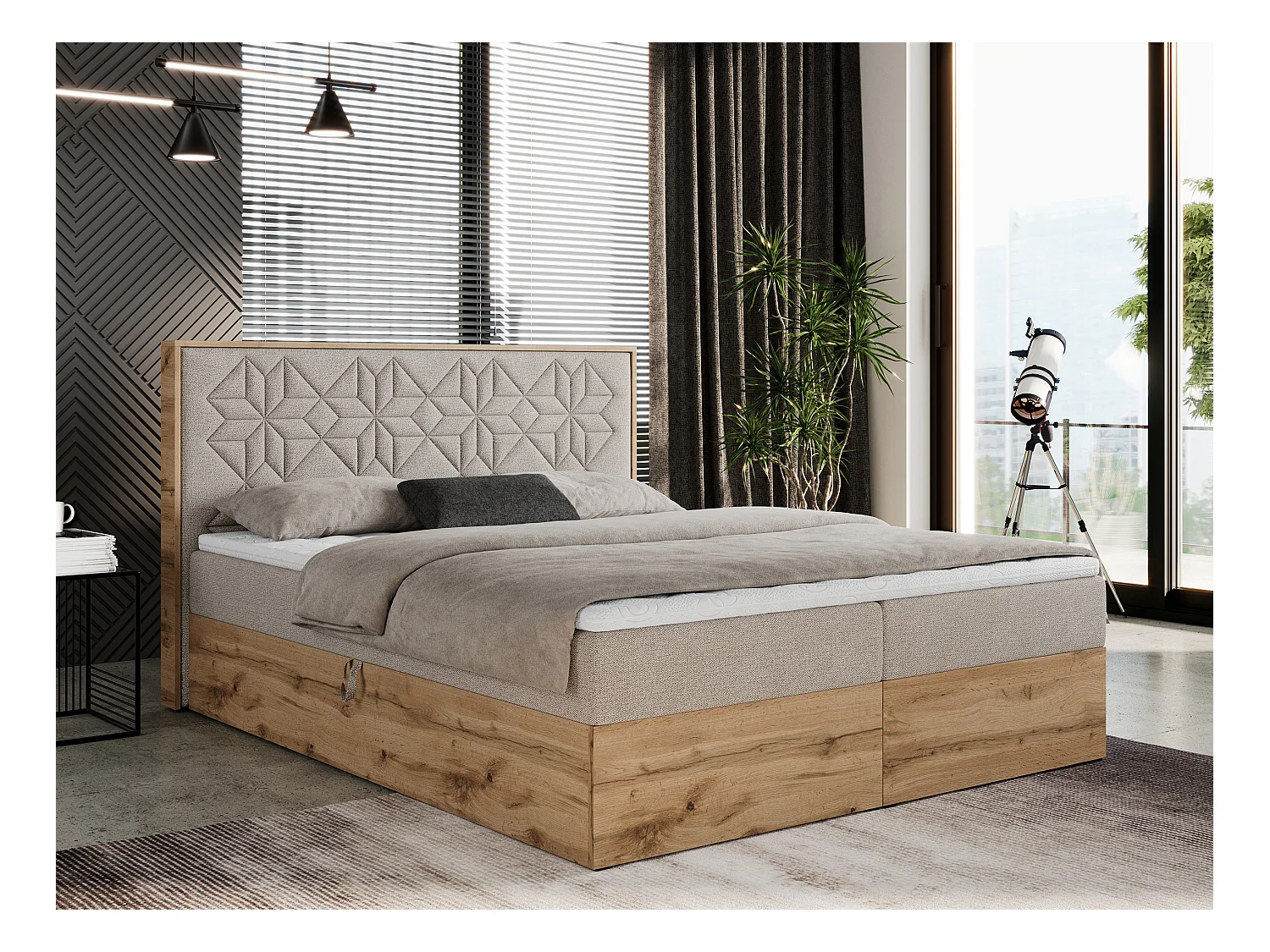 Boxspringbett NESSI - mit hoher Kopfstütze, Multipocket-Matratze und Topper, Doppelbett mit Bettkästen - 140x200 cm - H3 - Beige Strukture