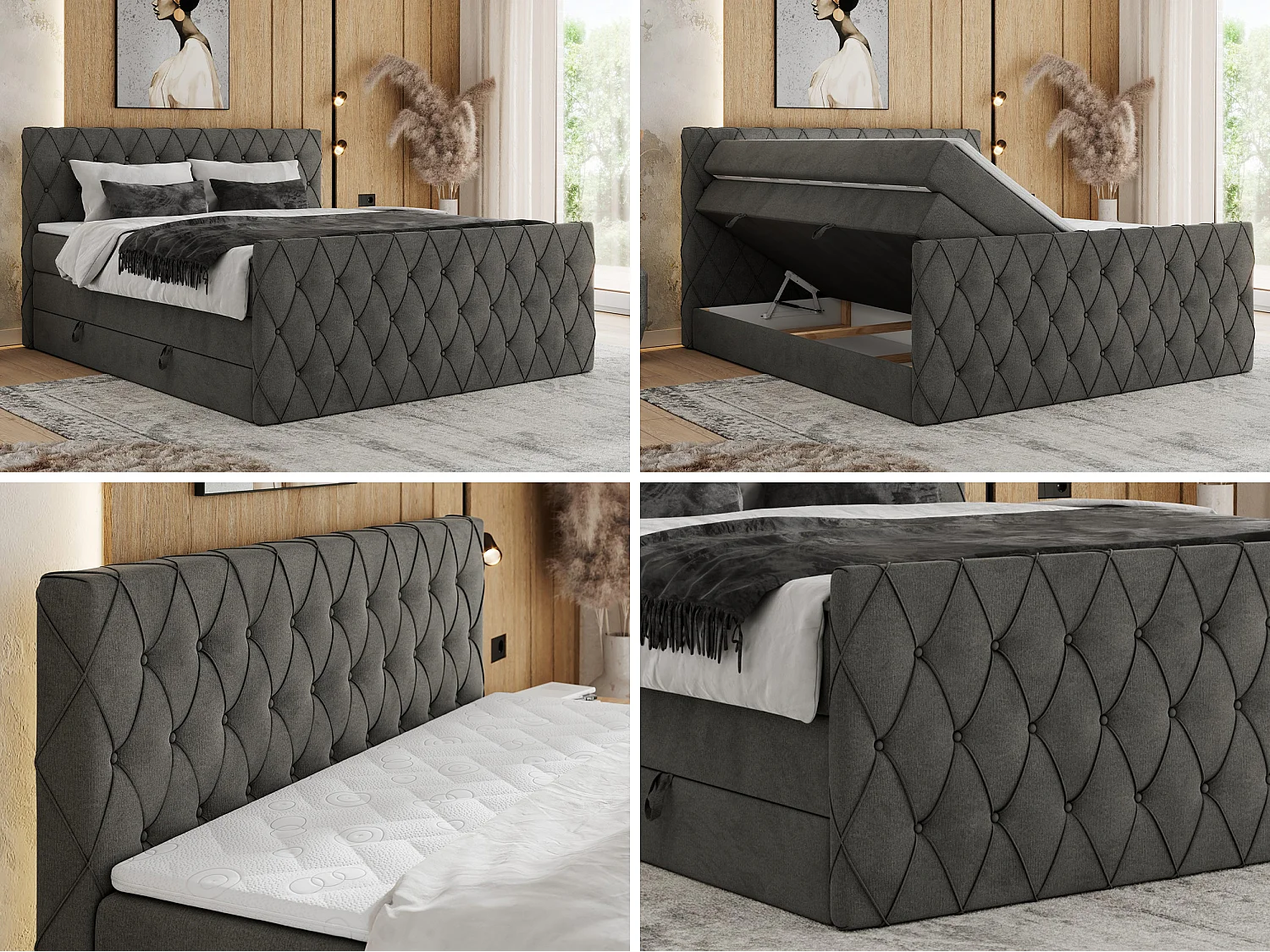 Boxspringbett MIREN KING DUO - für Schlafzimmer mit zwei Multipocket-Matratzen und Topper, gestepptes Kopfteil und Front  - 120x200 cm - H3 - Dunkelgrau Velvet