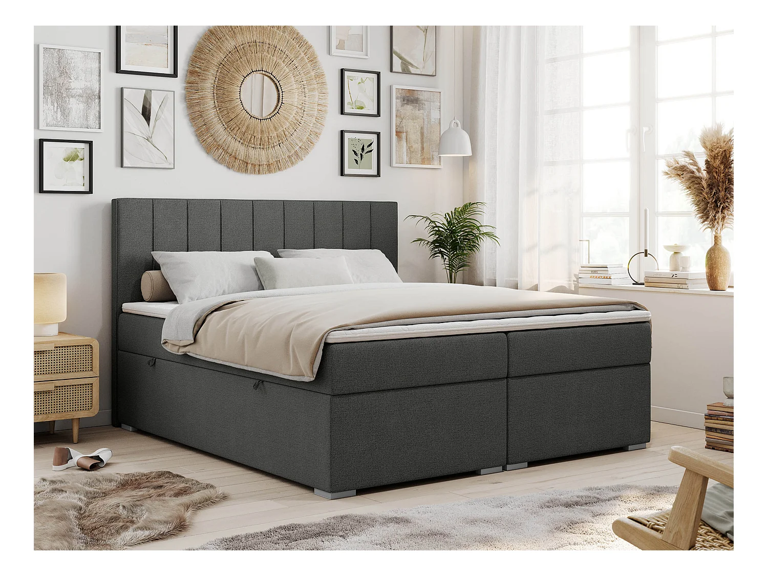 Boxspringbett ALLY - gestreiftes, genähtes Kopfteil, zwei Bettkästen, Multipocket-Matratzen, Praktisch Polsterbett - 180x200 cm - H4 - Dunkelgrau Strukture