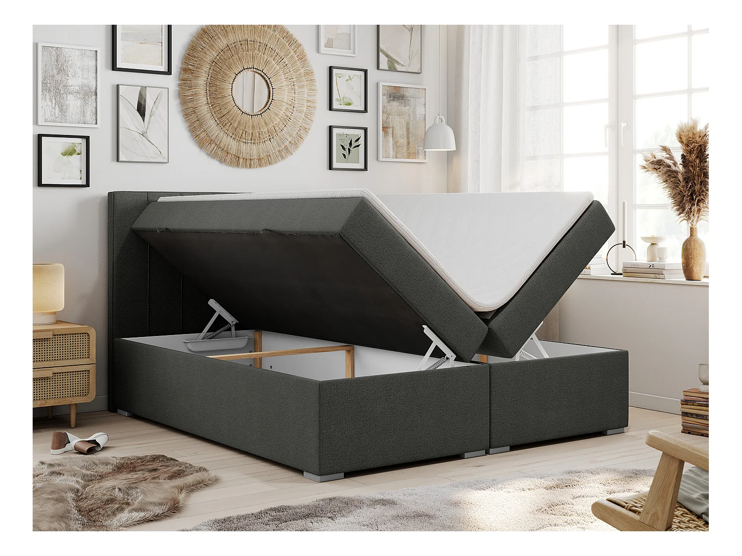 Boxspringbett ALLY - gestreiftes, genähtes Kopfteil, zwei Bettkästen, Multipocket-Matratzen, Praktisch Polsterbett - 180x200 cm - H4 - Dunkelgrau Strukture