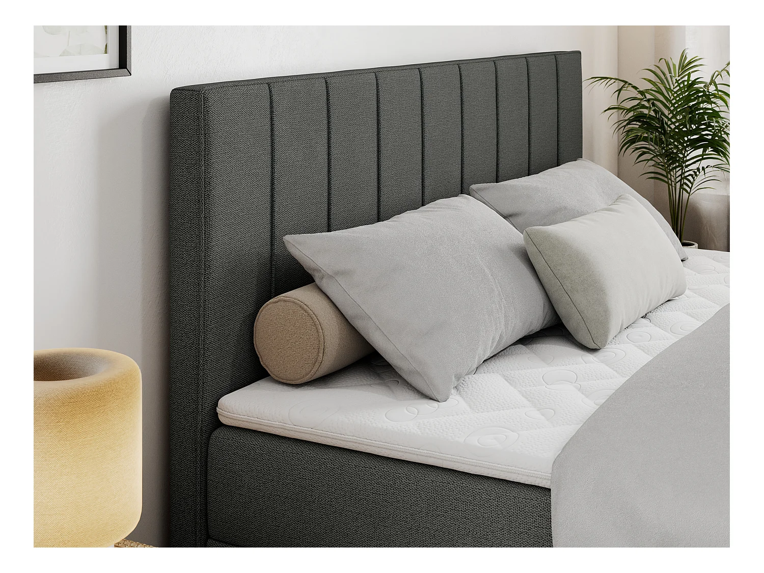 Boxspringbett ALLY - gestreiftes, genähtes Kopfteil, zwei Bettkästen, Multipocket-Matratzen, Praktisch Polsterbett - 180x200 cm - H4 - Dunkelgrau Strukture