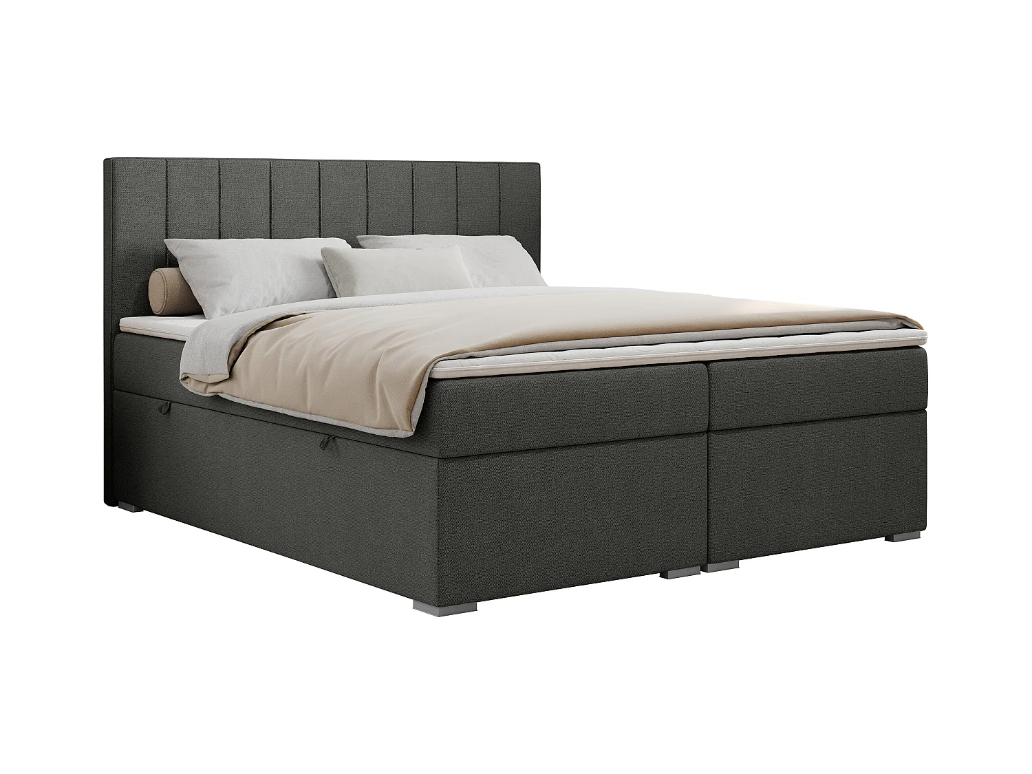 Boxspringbett ALLY - gestreiftes, genähtes Kopfteil, zwei Bettkästen, Multipocket-Matratzen, Praktisch Polsterbett - 180x200 cm - H4 - Dunkelgrau Strukture