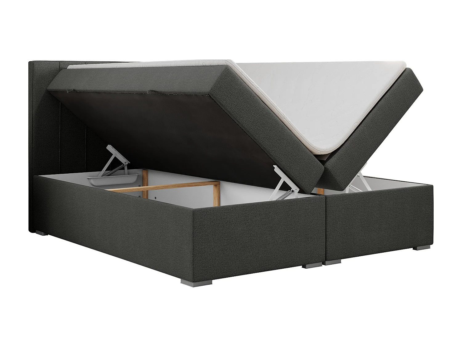 Boxspringbett ALLY - gestreiftes, genähtes Kopfteil, zwei Bettkästen, Multipocket-Matratzen, Praktisch Polsterbett - 180x200 cm - H4 - Dunkelgrau Strukture