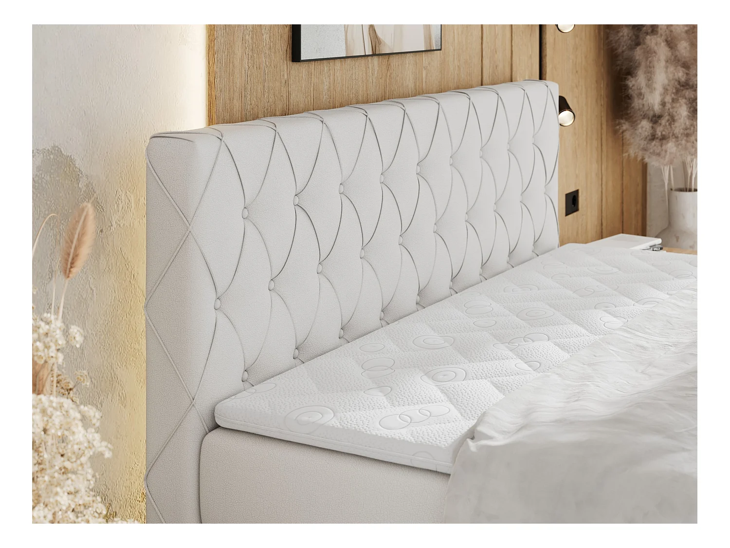 Boxspringbett MIREN KING DUO - für Schlafzimmer mit zwei Multipocket-Matratzen und Topper, gestepptes Kopfteil und Front  - 200x200 cm - H4 - Weiß Kunstleder