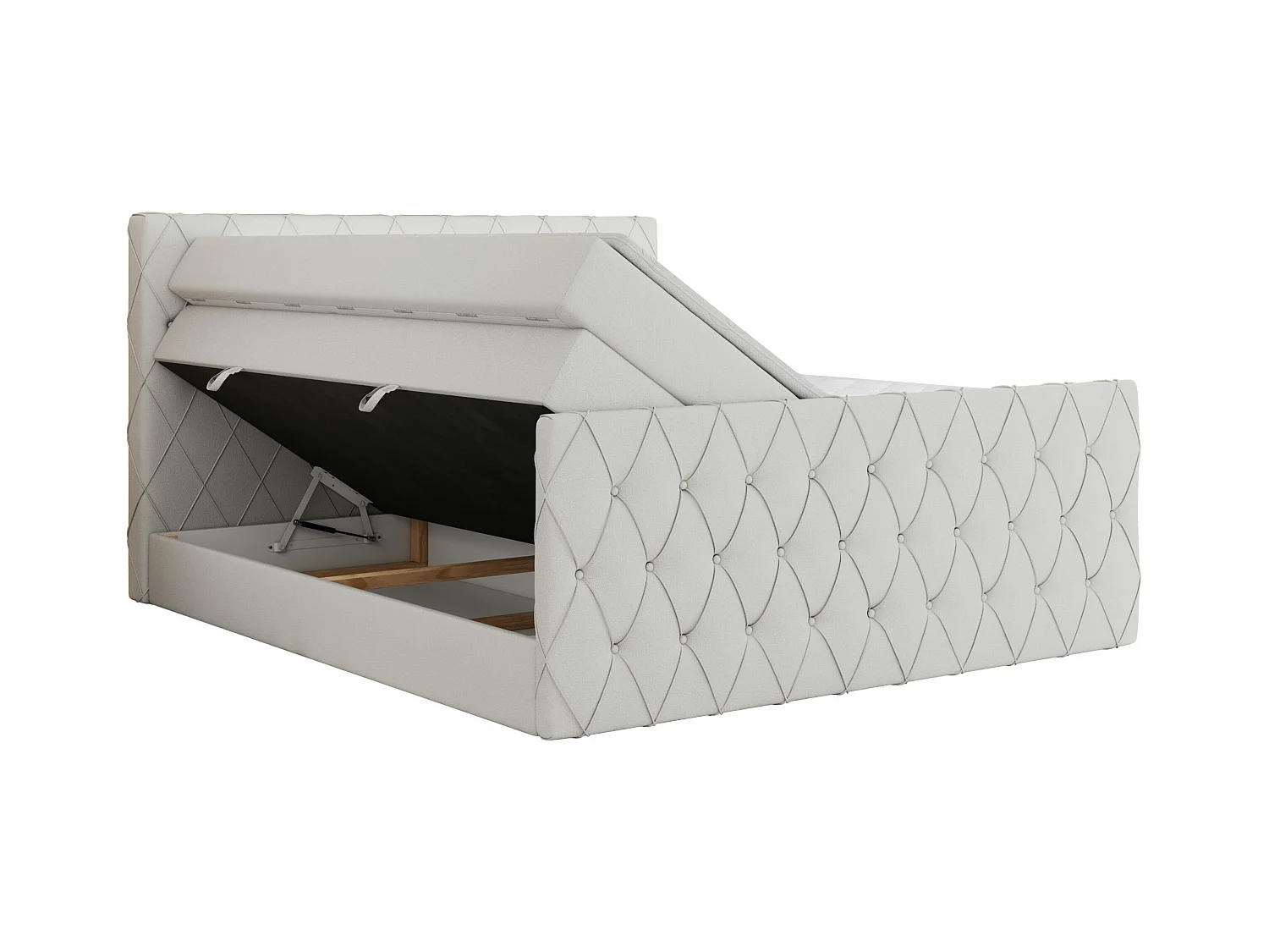 Boxspringbett MIREN KING DUO - für Schlafzimmer mit zwei Multipocket-Matratzen und Topper, gestepptes Kopfteil und Front  - 200x200 cm - H4 - Weiß Kunstleder