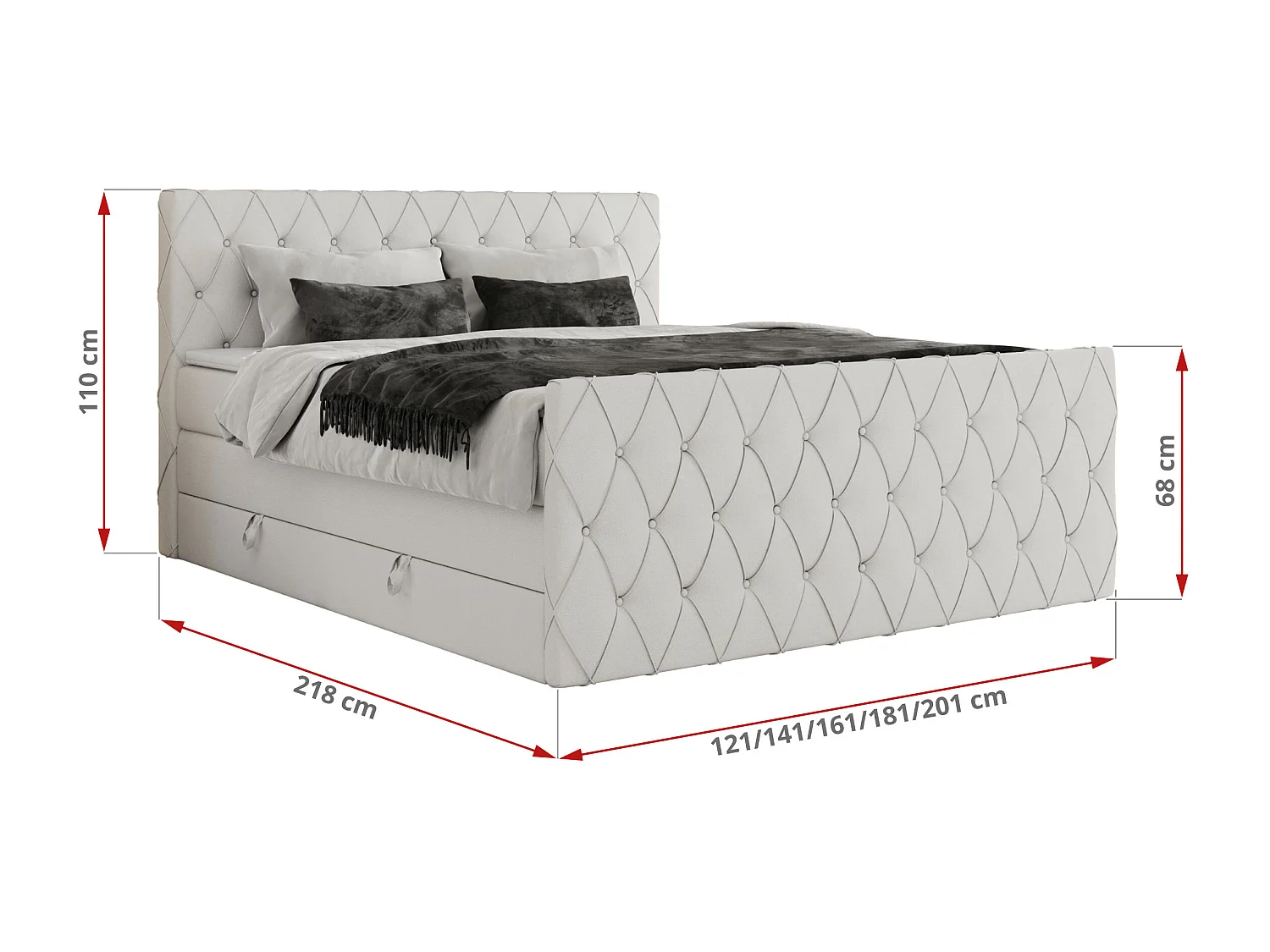 Boxspringbett MIREN KING DUO - für Schlafzimmer mit zwei Multipocket-Matratzen und Topper, gestepptes Kopfteil und Front  - 200x200 cm - H4 - Weiß Kunstleder