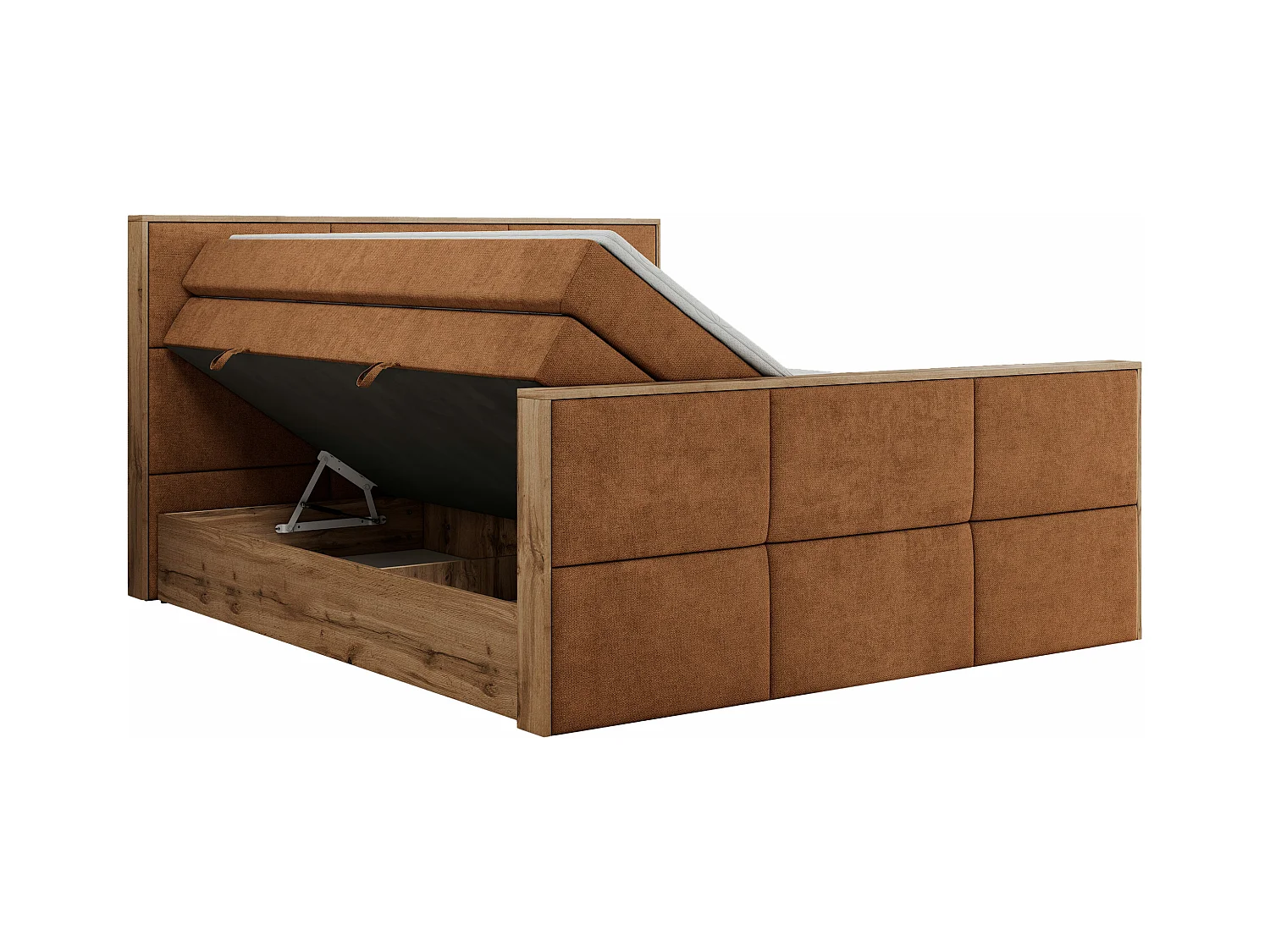 Boxspringbett ALBERO 2 KING DUO - Eiche Wotan Holzrahmen, zwei Multipocket-Matratzen, Bettkästen - 200x200 cm - H3 - Orange Strukture