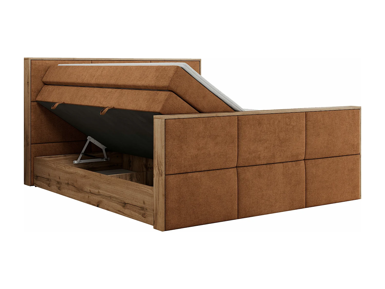 Boxspringbett ALBERO 2 KING DUO - Eiche Wotan Holzrahmen, zwei Multipocket-Matratzen, Bettkästen - 200x200 cm - H3 - Orange Strukture