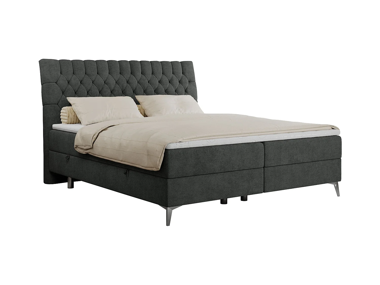 Boxspringbett MILEN - gepolstertes Schlafzimmerbett, zwei Multipocket-Matratze, dekorative hohe Beine - 160x200 cm - H4 - Dunkelgrau Strukture