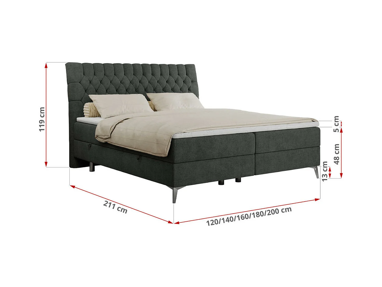 Boxspringbett MILEN - gepolstertes Schlafzimmerbett, zwei Multipocket-Matratze, dekorative hohe Beine - 160x200 cm - H4 - Dunkelgrau Strukture