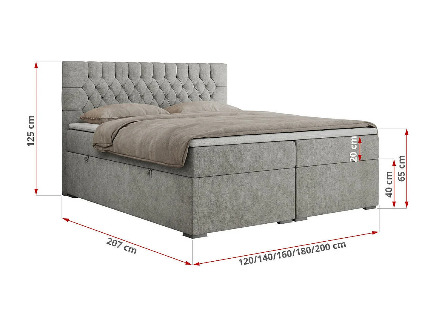 Boxspringbett PERA - gesteppte Kopfstütze, Multipocket-Matratze und Topper, Doppelbett mit Stauraum - 160x200 cm - H3 - Hellgrau Strukture