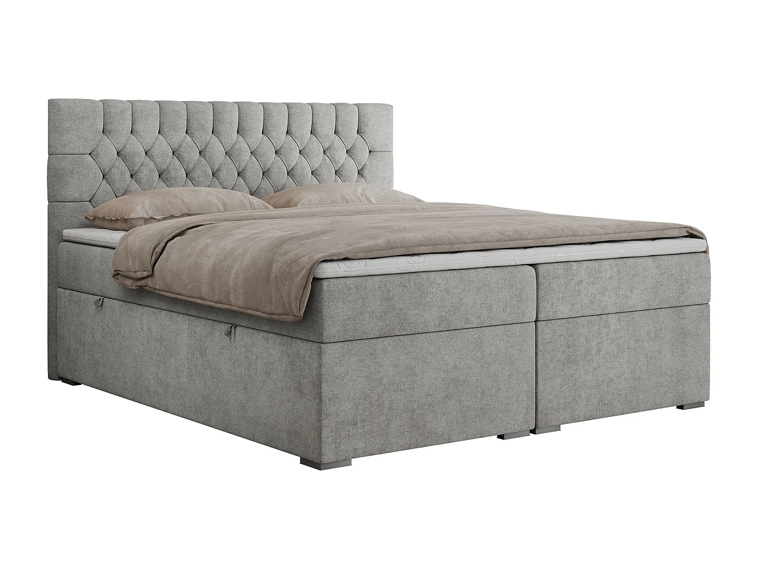 Boxspringbett PERA - gesteppte Kopfstütze, Multipocket-Matratze und Topper, Doppelbett mit Stauraum - 160x200 cm - H3 - Hellgrau Strukture
