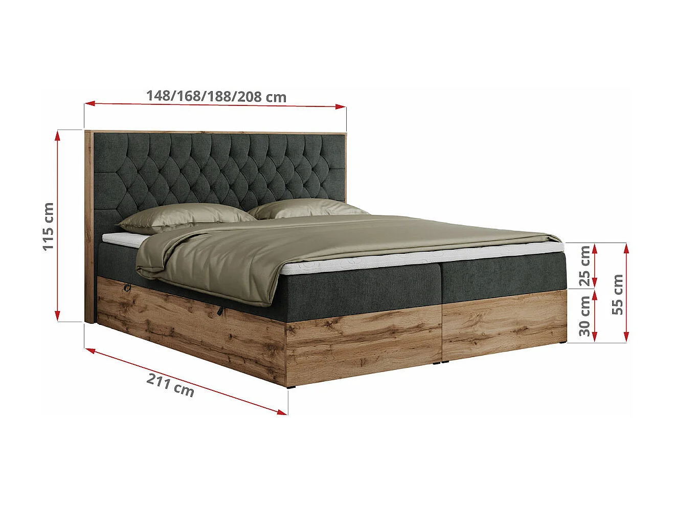 Boxspringbett AMORE - Bett mit Multipocket-Matratze, gesteppte Kopfstütze, Doppelbett für Schlafzimmer - 140x200 cm - H4 - Dunkelgrau Strukture