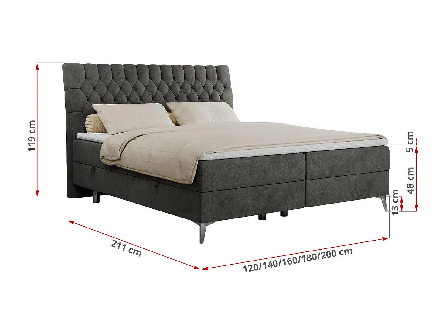 Boxspringbett MILEN - gepolstertes Schlafzimmerbett, zwei Multipocket-Matratze, dekorative hohe Beine - 200x200 cm - H4 - Dunkelgrau Velvet