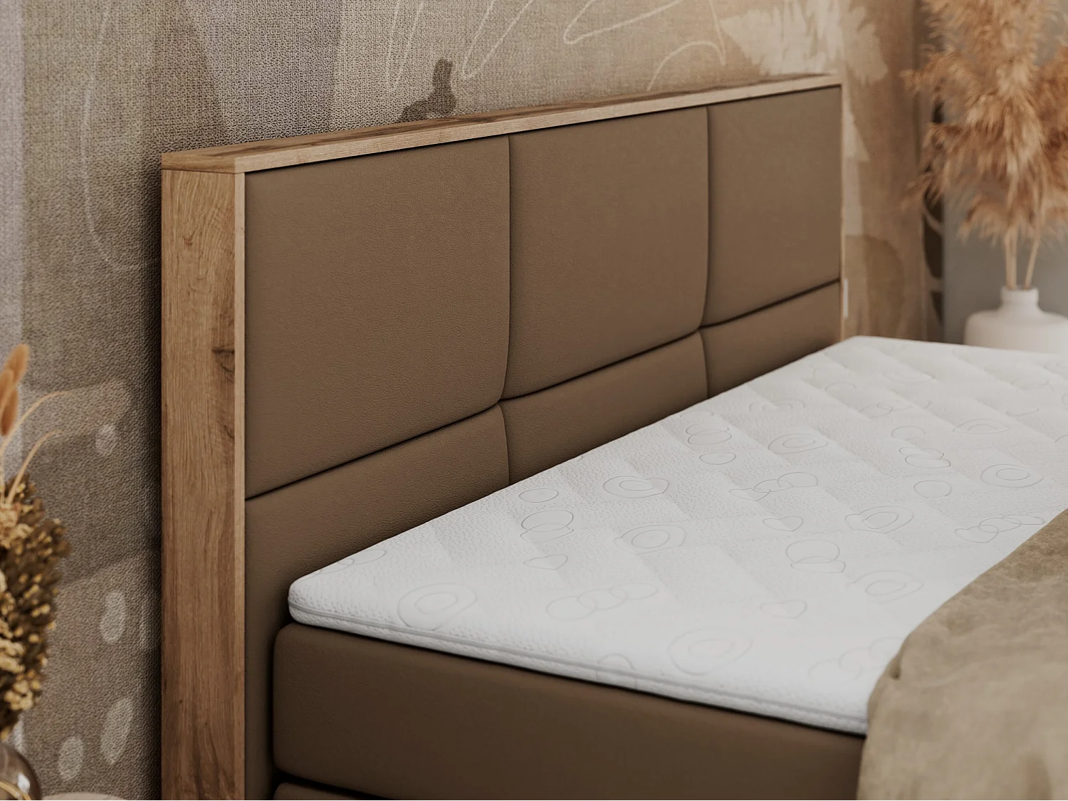Boxspringbett ALBERO 2 KING DUO - Eiche Wotan Holzrahmen, zwei Multipocket-Matratzen, Bettkästen - 140x200 cm - H4 - Braun Kunstleder