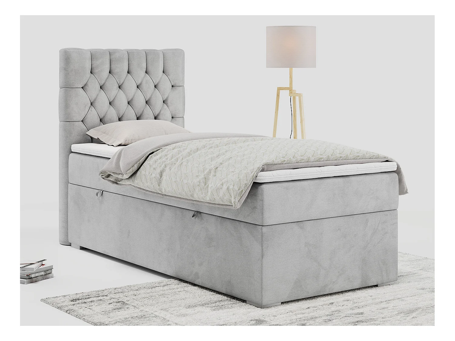 Boxspringbett PERA - Einzelbett mit Kopfstütze, Polsterbett, Multipocket-Matratze, genähtes Kopfteil - 90x200 cm - H4 - Hellgrau Velvet - Links Seite
