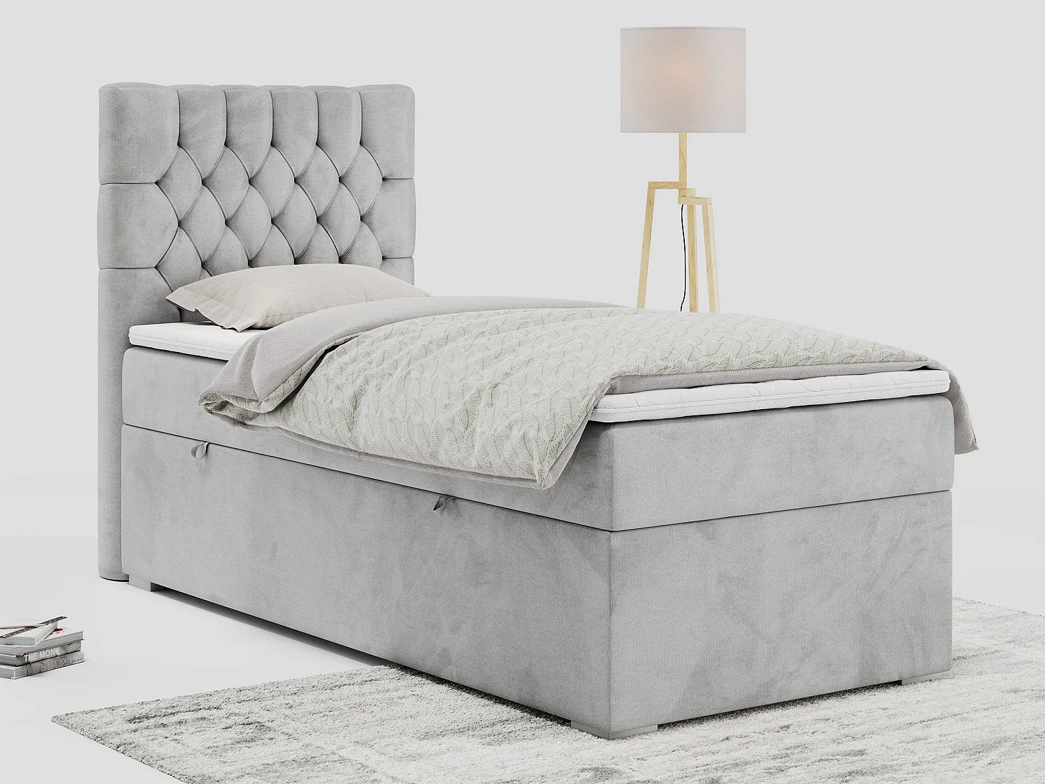 Boxspringbett PERA - Einzelbett mit Kopfstütze, Polsterbett, Multipocket-Matratze, genähtes Kopfteil - 90x200 cm - H4 - Hellgrau Velvet - Links Seite