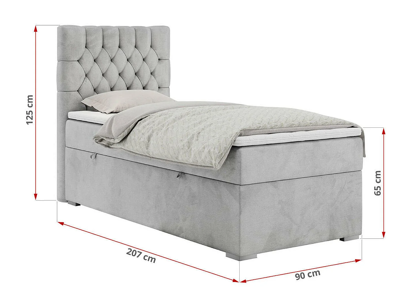 Boxspringbett PERA - Einzelbett mit Kopfstütze, Polsterbett, Multipocket-Matratze, genähtes Kopfteil - 90x200 cm - H4 - Hellgrau Velvet - Links Seite