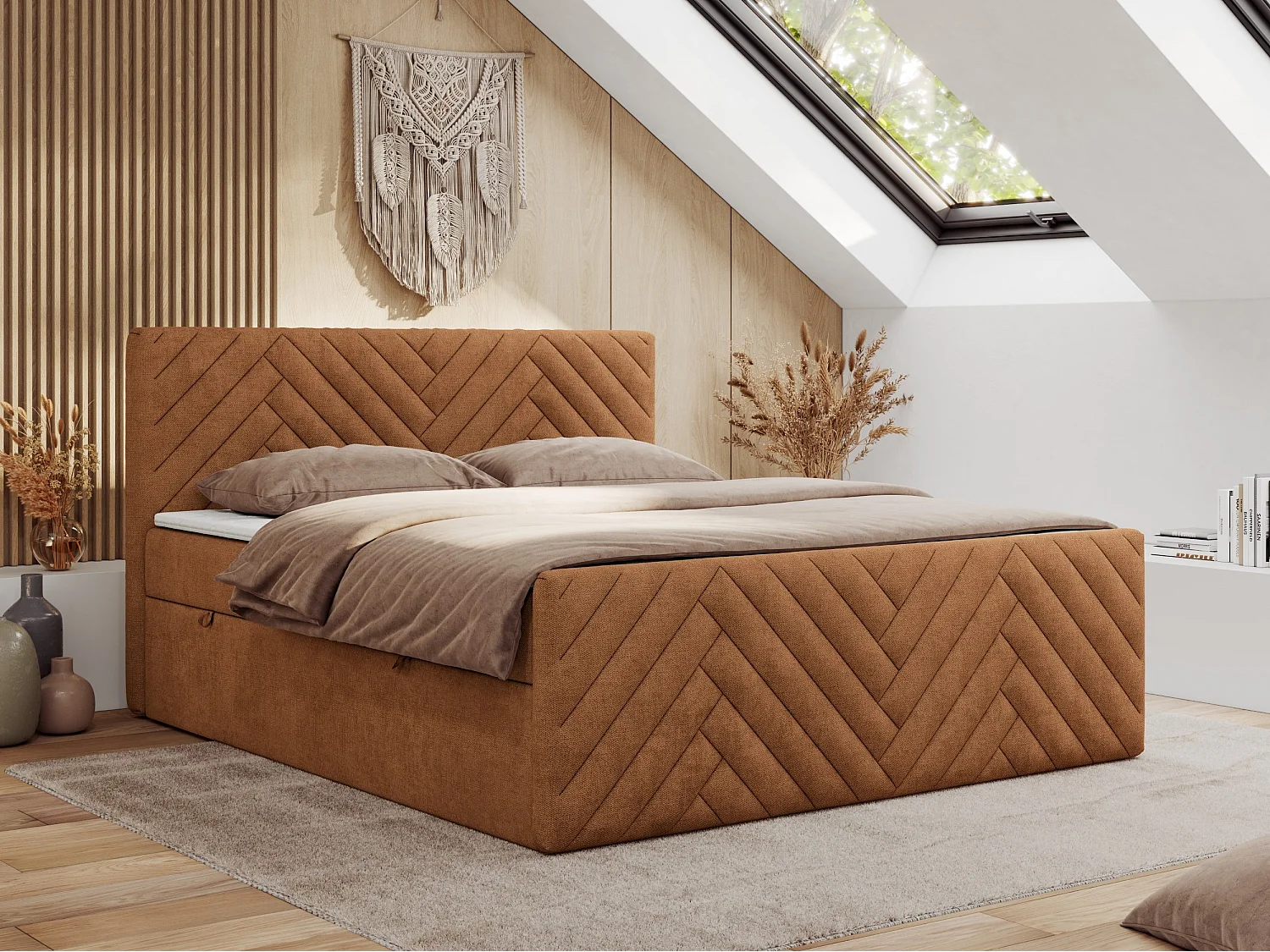 Boxspringbett PARIS DUO - Polsterbett mit genähtem Kopfteil und Frontplatte, Doppelbett, zwei Bettkästen - 120x200 cm - H4 - Orange Strukture