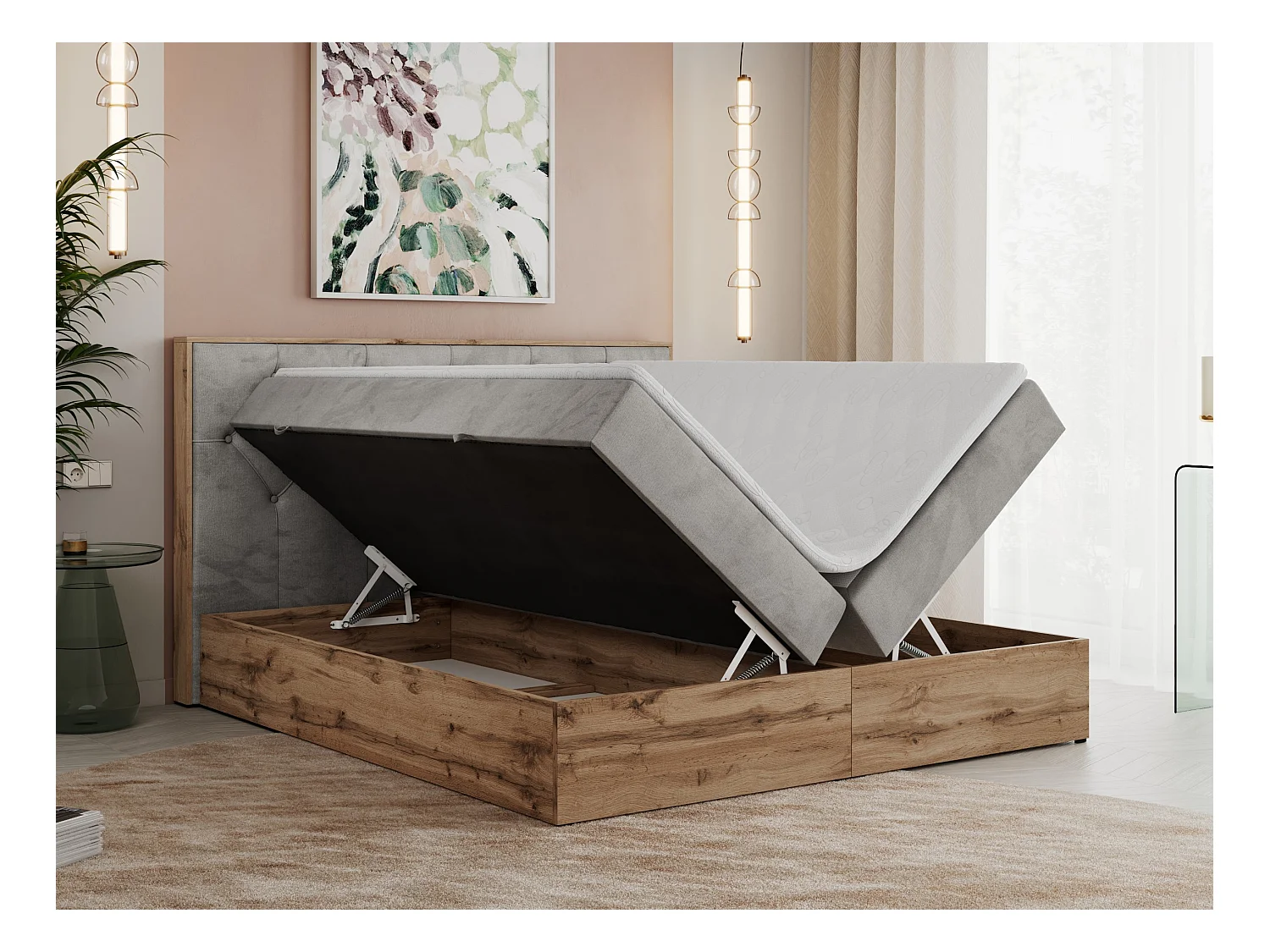 Boxspringbett VENETO - gestepptem Kopfteil, Set mit Multipocket-Matratze und Topper, Holzrahmen, zwei Bettkästen - 180x200 cm - H3 - Hellgrau Velvet