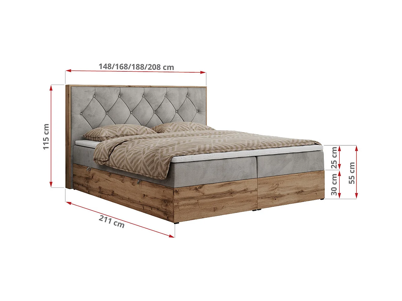 Boxspringbett VENETO - gestepptem Kopfteil, Set mit Multipocket-Matratze und Topper, Holzrahmen, zwei Bettkästen - 180x200 cm - H3 - Hellgrau Velvet