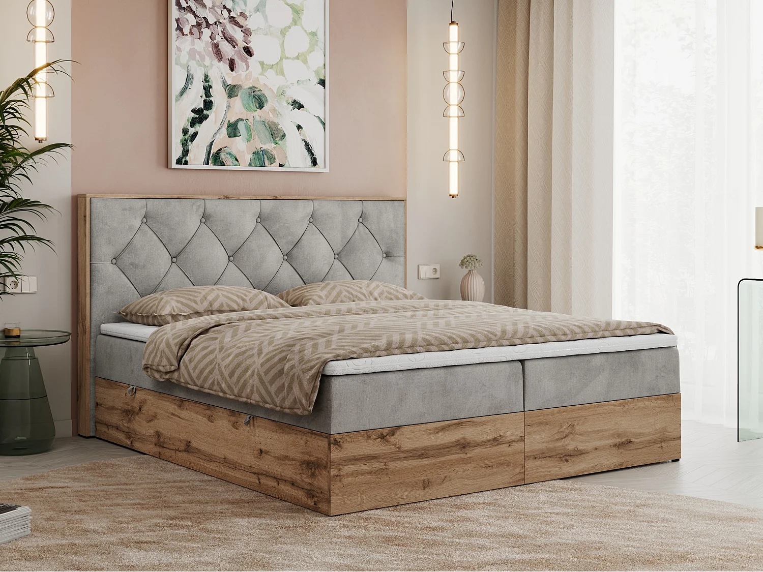 Boxspringbett VENETO - gestepptem Kopfteil, Set mit Multipocket-Matratze und Topper, Holzrahmen, zwei Bettkästen - 180x200 cm - H3 - Hellgrau Velvet