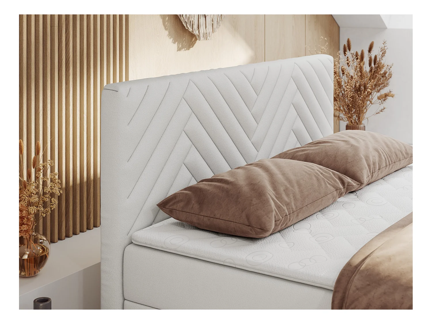 Boxspringbett PARIS DUO - Polsterbett mit genähtem Kopfteil und Frontplatte, Doppelbett, zwei Bettkästen - 140x200 cm - H4 - Weiß Kunstleder