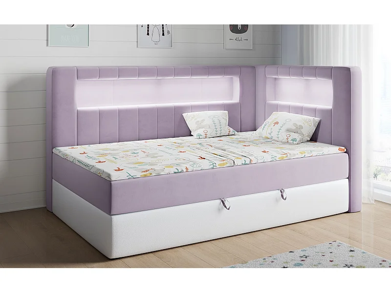 Kinderbett JUNIOR GOLD 3 - Einzelbett mit Matratze, LED-Beleuchtung, Bettkasten - 90x200 cm - Rechts Seite
