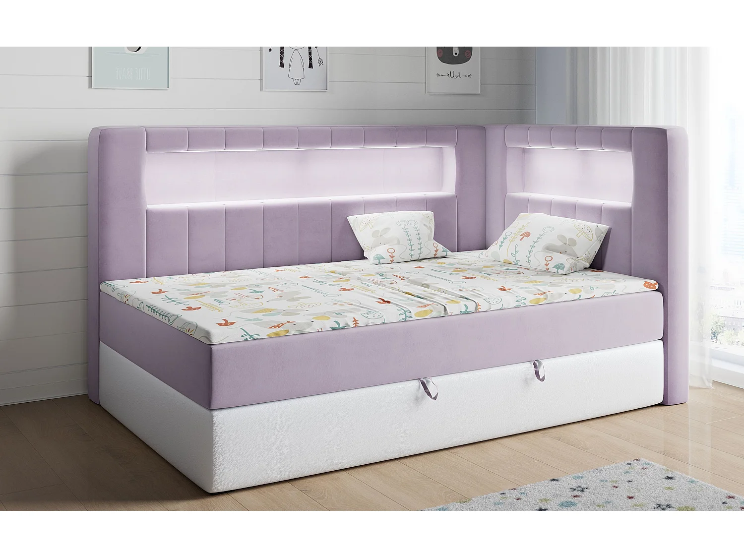 Kinderbett JUNIOR GOLD 3 - Einzelbett mit Matratze, LED-Beleuchtung, Bettkasten - 90x200 cm - Rechts Seite