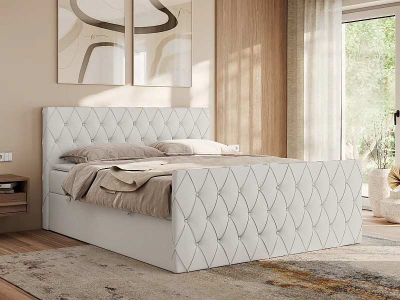 Boxspringbett MIREN DUO - mit gestepptem Kopfteil und Front, Multipocket-Matratze, zwei Bettkästen - 140x200 cm - H3 - Weiß Kunstleder
