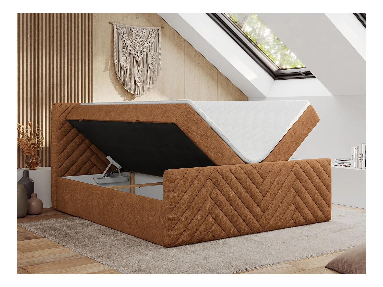 Boxspringbett PARIS DUO - Polsterbett mit genähtem Kopfteil und Frontplatte, Doppelbett, zwei Bettkästen - 200x200 cm - H3 - Orange Strukture