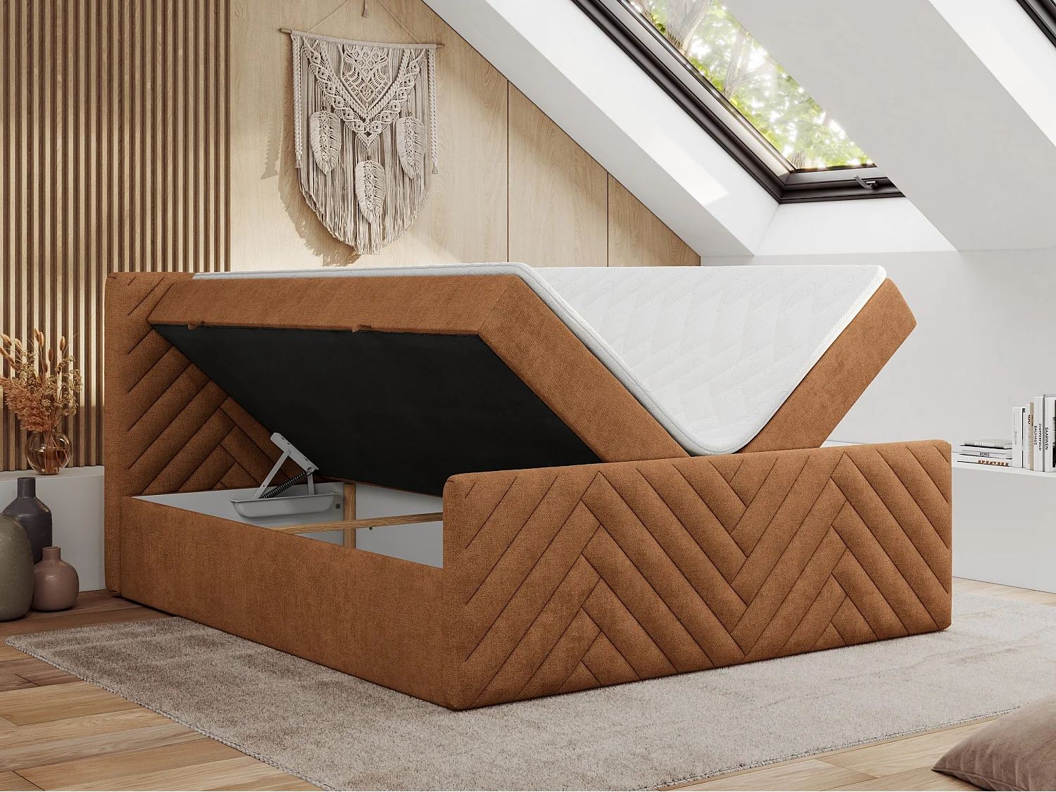 Boxspringbett PARIS DUO - Polsterbett mit genähtem Kopfteil und Frontplatte, Doppelbett, zwei Bettkästen - 200x200 cm - H3 - Orange Strukture