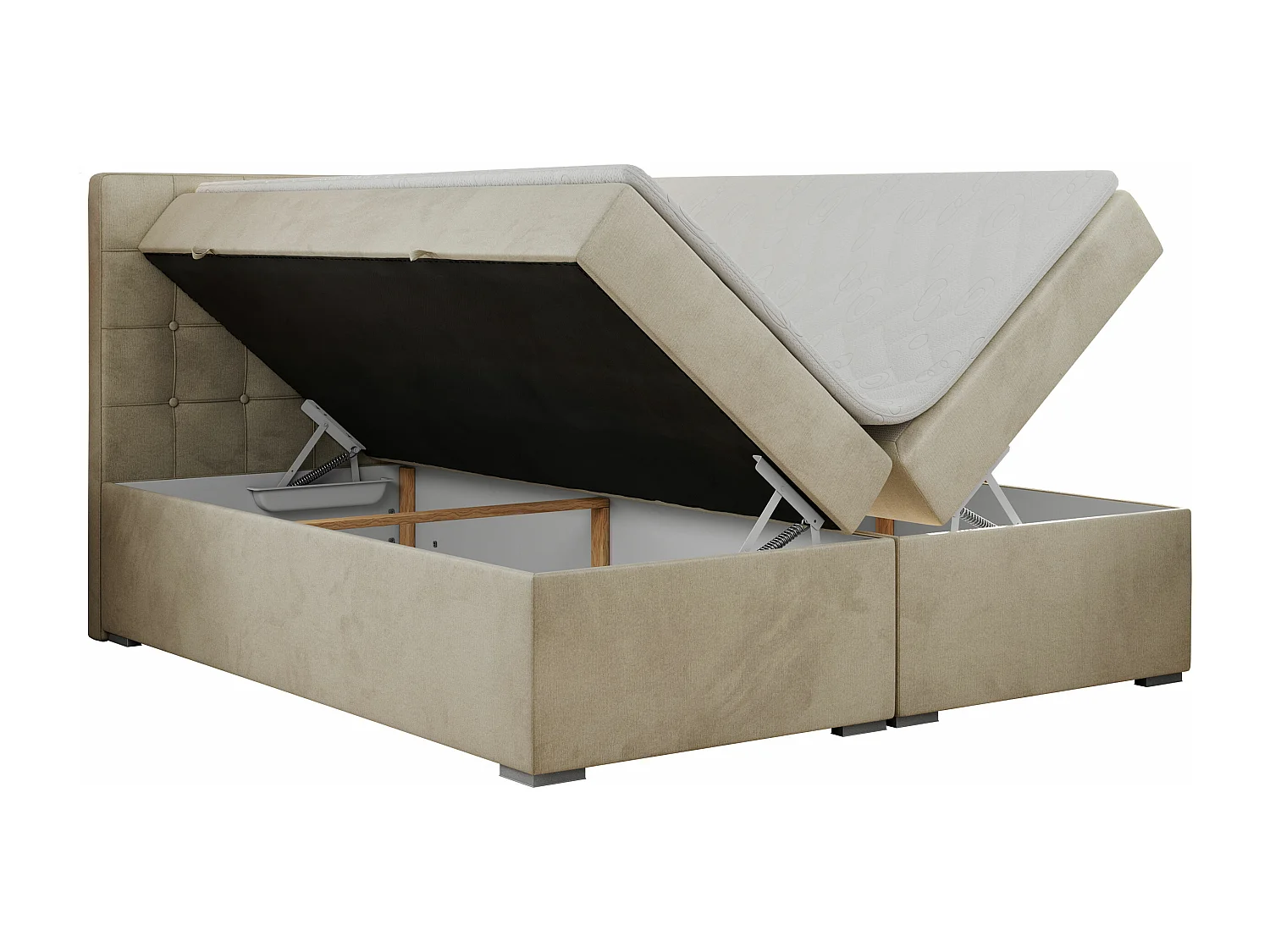 Boxspringbett CARMEN - Polsterbett mit zwei Bettkästen, gesteppte Kopfstütze, Multipocket-Matratze - 140x200 cm - H4 - Beige Velvet