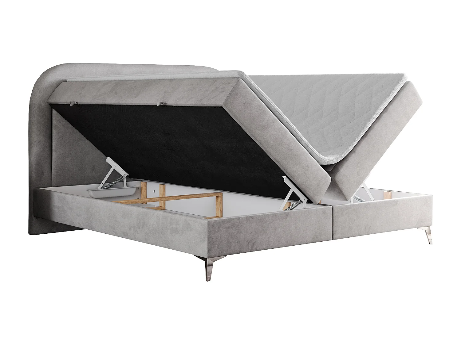 Boxspringbett EIRA - Polsterbett mit Stauraum, Set mit Kopfteil und Multipocket-Matratze, Metallbeine - 120x200 cm - H4 - Hellgrau Velvet