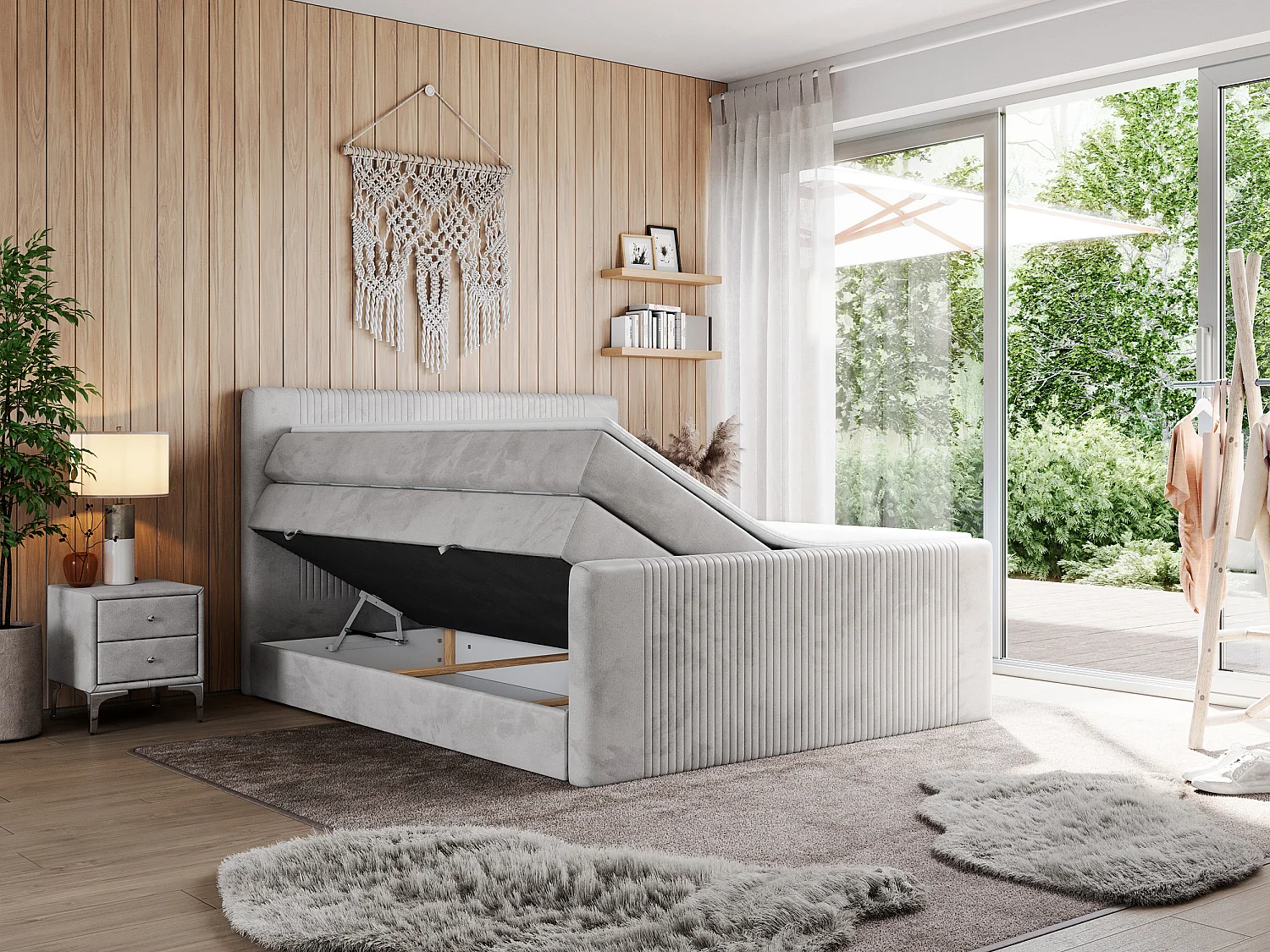 Boxspringbett DOREN KING - mit gesteppter Front und Kopfteil, zwei Multipocket-Matratzen und Topper, Doppelbett - 180x200 cm - H3 - Hellgrau Velvet