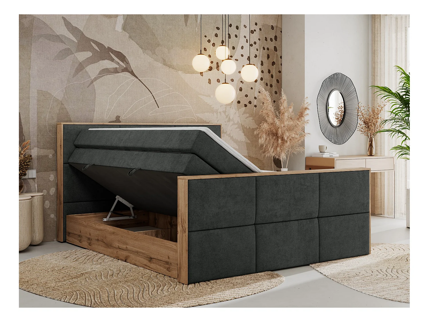 Boxspringbett ALBERO 2 KING DUO - Eiche Wotan Holzrahmen, zwei Multipocket-Matratzen, Bettkästen - 200x200 cm - H3 - Dunkelgrau Strukture