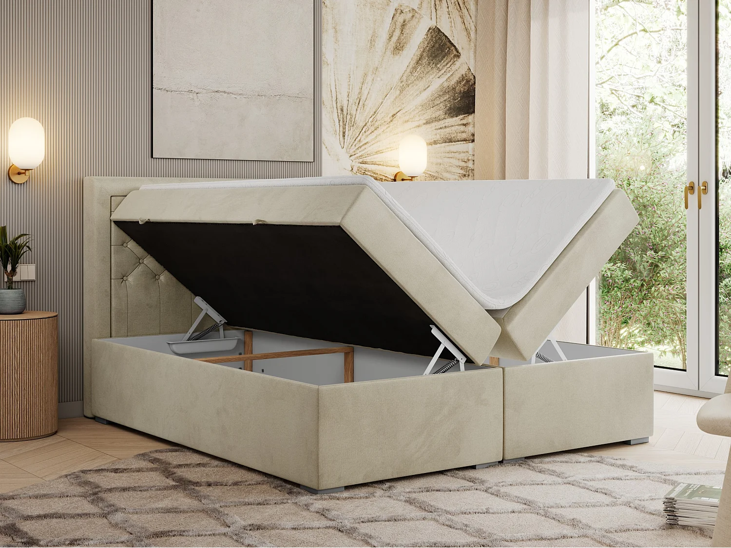 Boxspringbett JASIR - mit gestepptem Kopfteil, Doppelbett für Schlafzimmer, Multipocket-Matratze, Stauraum - 140x200 cm - H3 - Beige Velvet