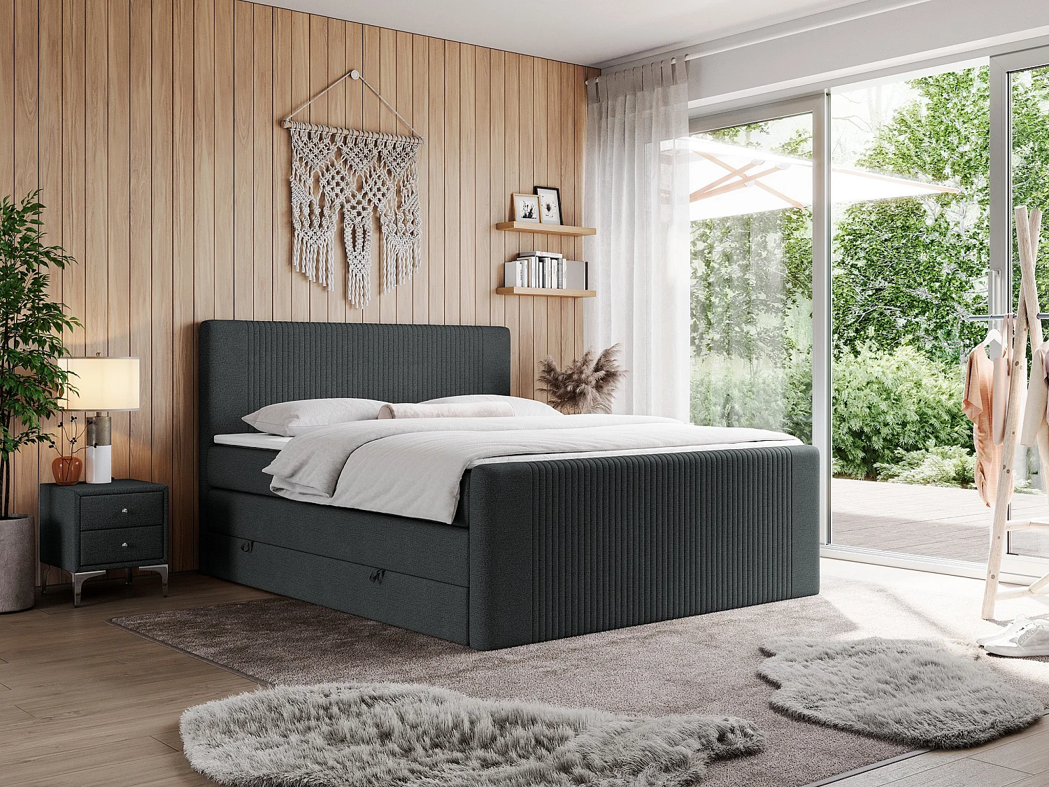 Boxspringbett DOREN KING - mit gesteppter Front und Kopfteil, zwei Multipocket-Matratzen und Topper, Doppelbett - 120x200 cm - H4 - Dunkelgrau Strukture