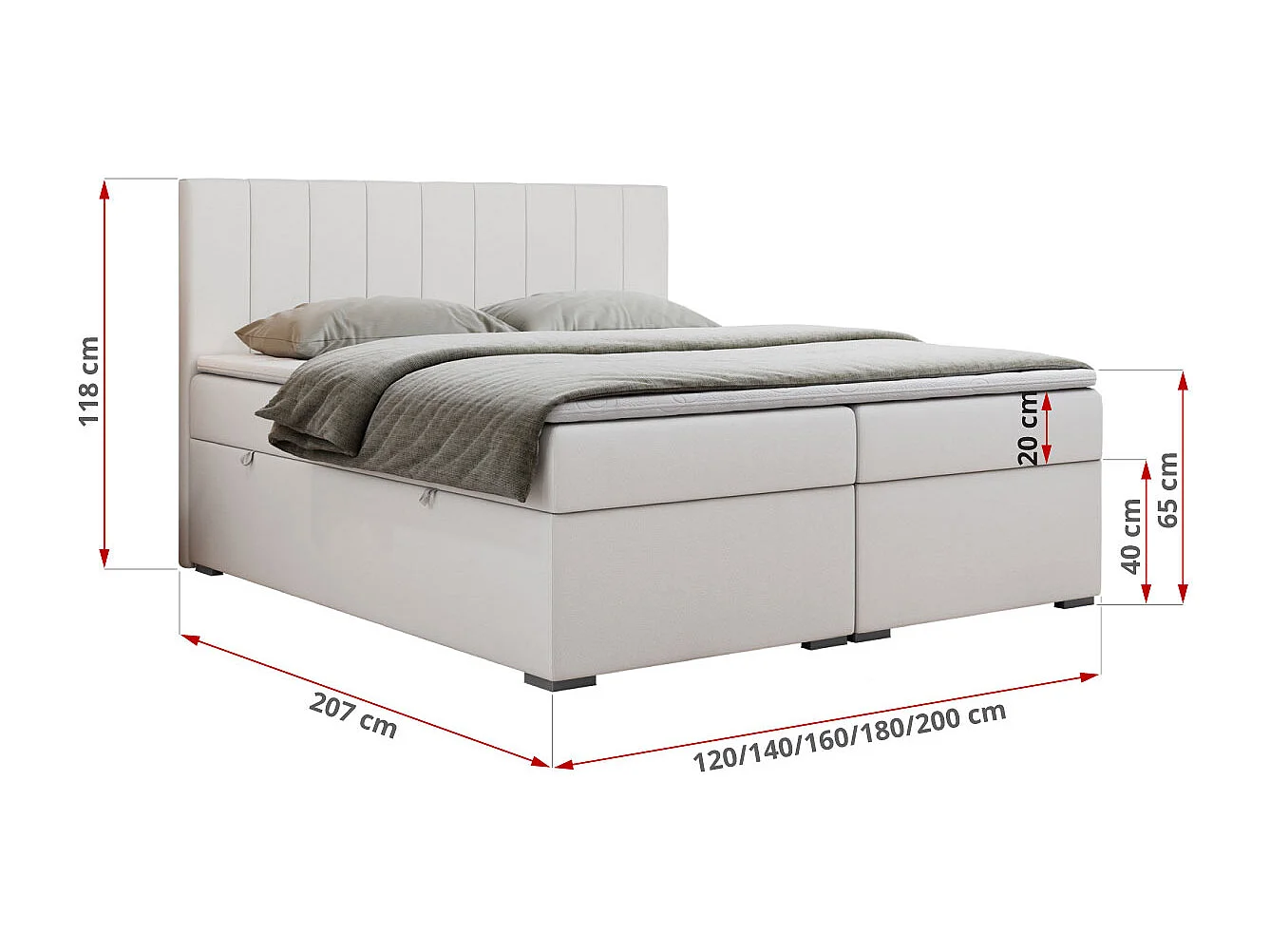 Boxspringbett LOPE - genähtes Kopfteil, Doppelbett mit Stauraum, Multipocket-Matratze, Topper - 160x200 cm - H4 - Weiß Kunstleder