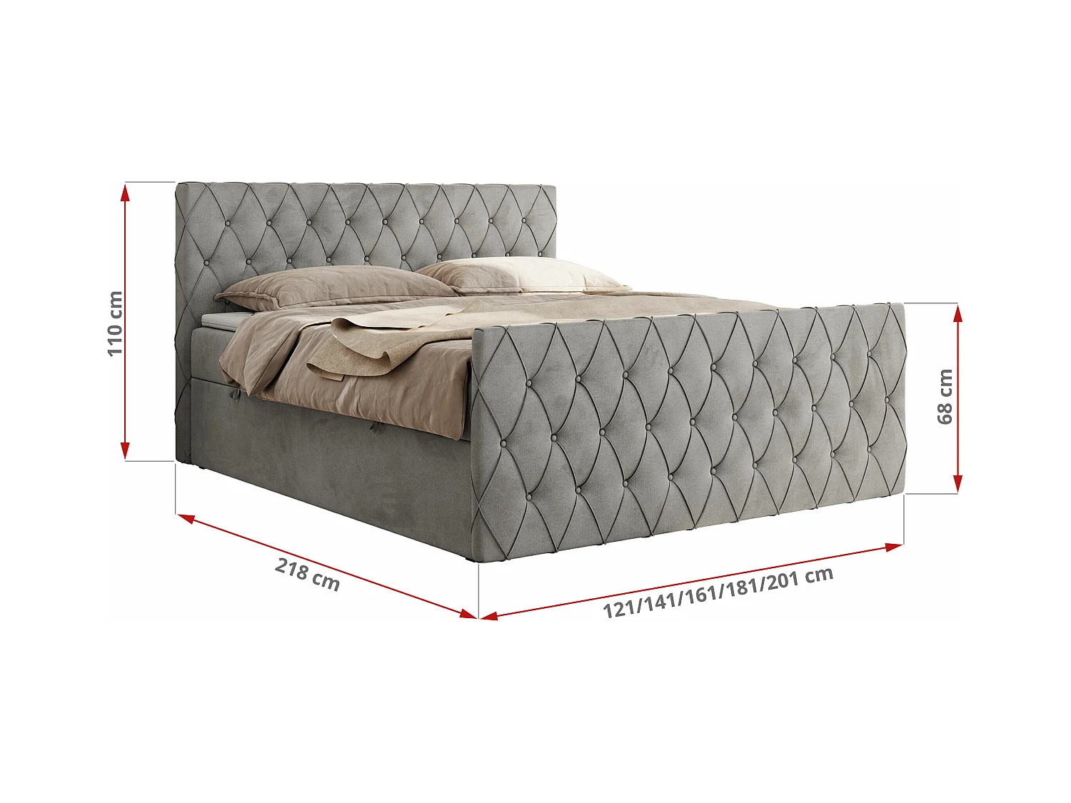 Boxspringbett MIREN DUO - mit gestepptem Kopfteil und Front, Multipocket-Matratze, zwei Bettkästen - 140x200 cm - H3 - Hellgrau Velvet